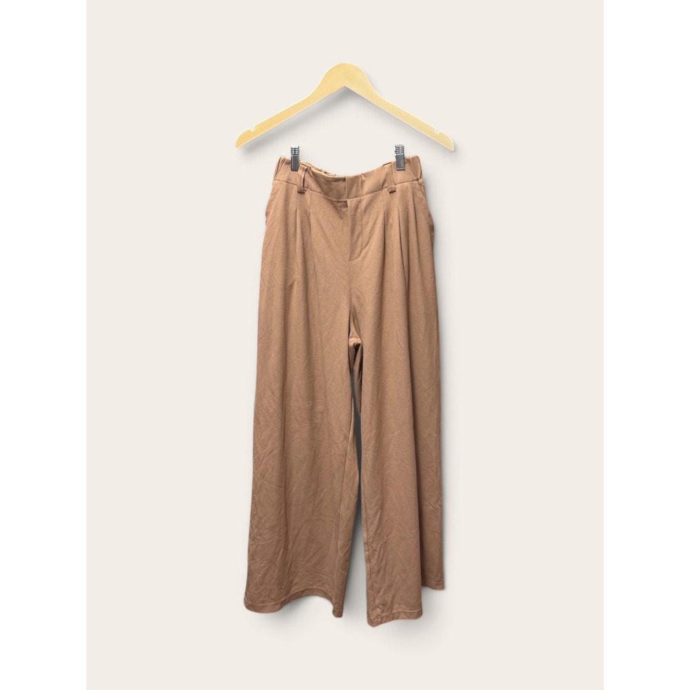 Halara Waffle Knit Wide Leg Pants Tan Pleated High Waisted Athleisure Small NWT